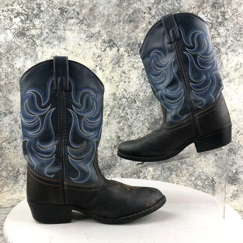 Smoky Mountain Kids Size 4 Monterey Western Brown Navy Blue Faux Leather Boots